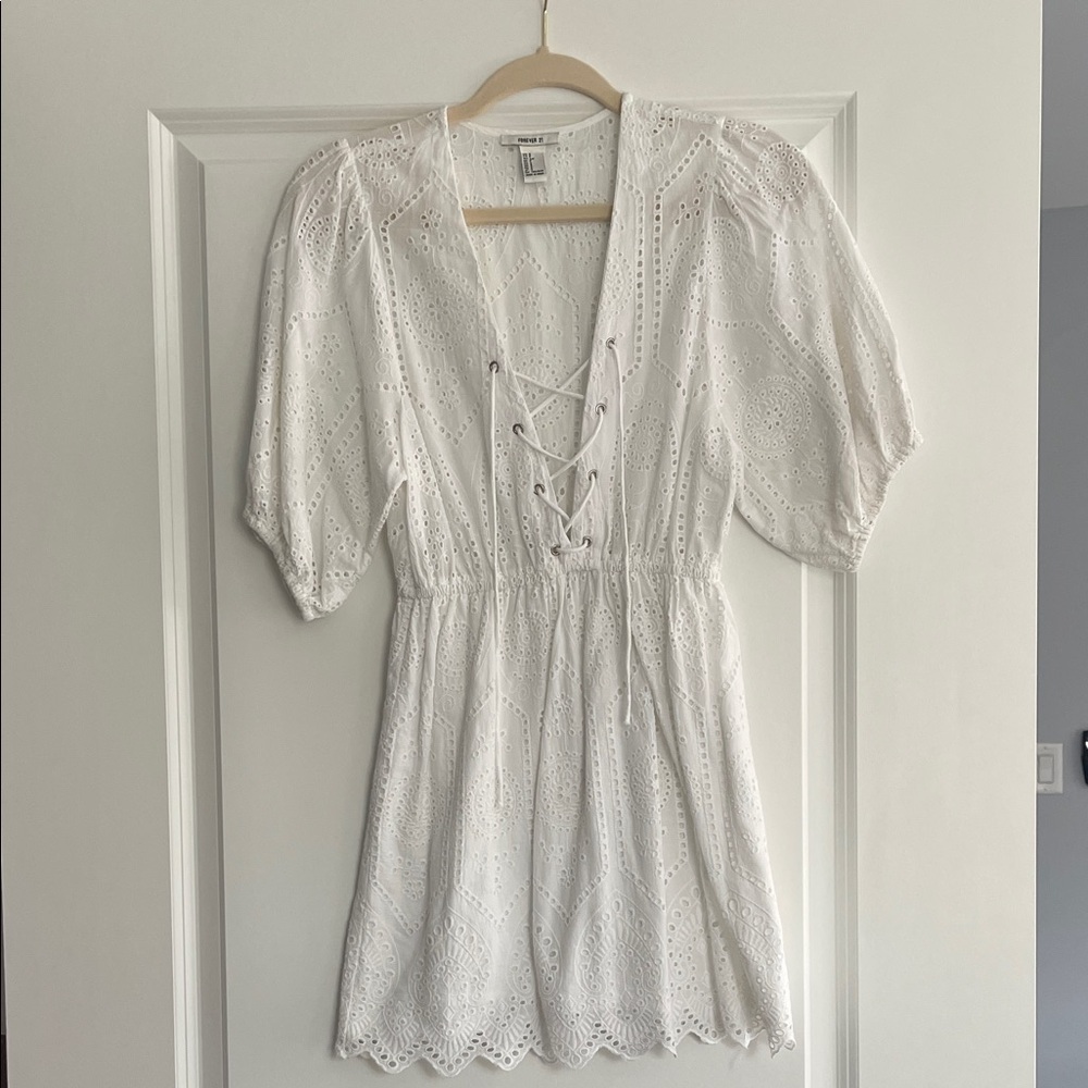 Forever 21 White Eyelet Lace-Up Dress